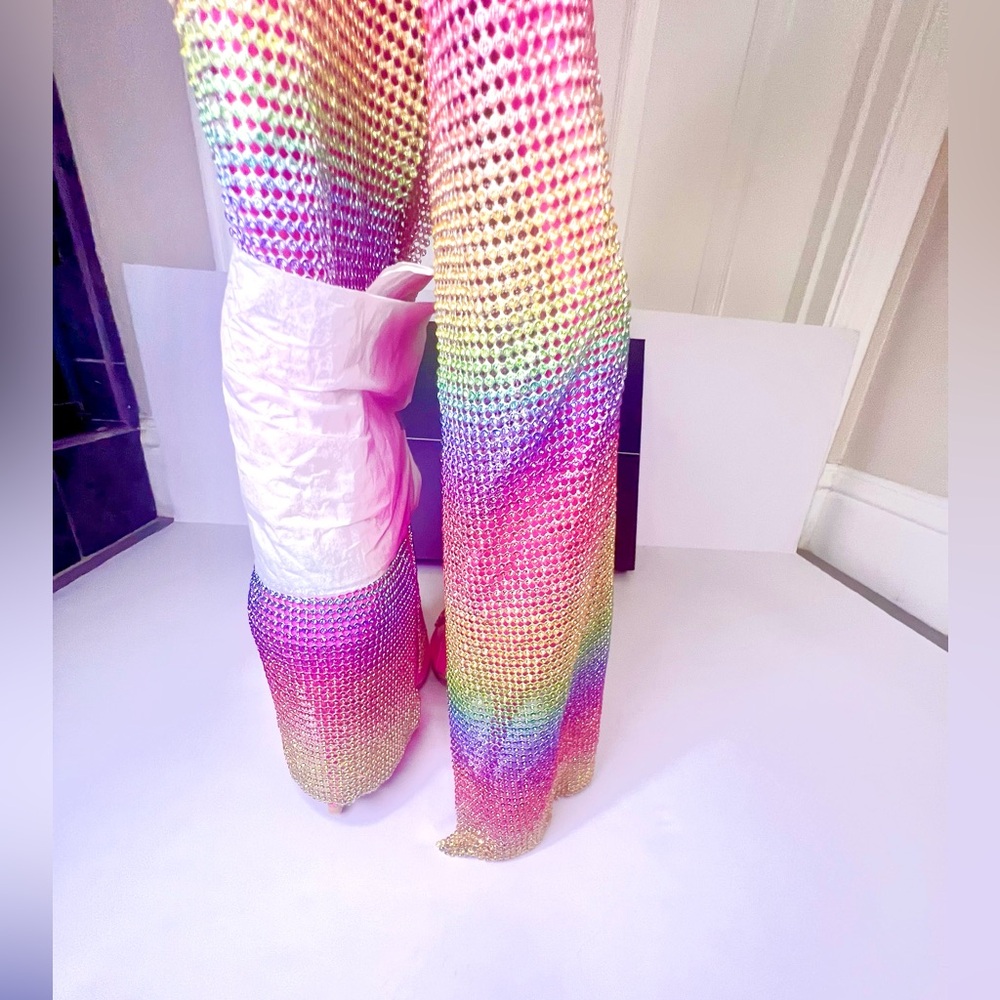 Rainbow Rhinestone Stiletto Boots. Hot Pink w/ Colorful Rhinestone Curtain -EDC - Picture 15 of 16